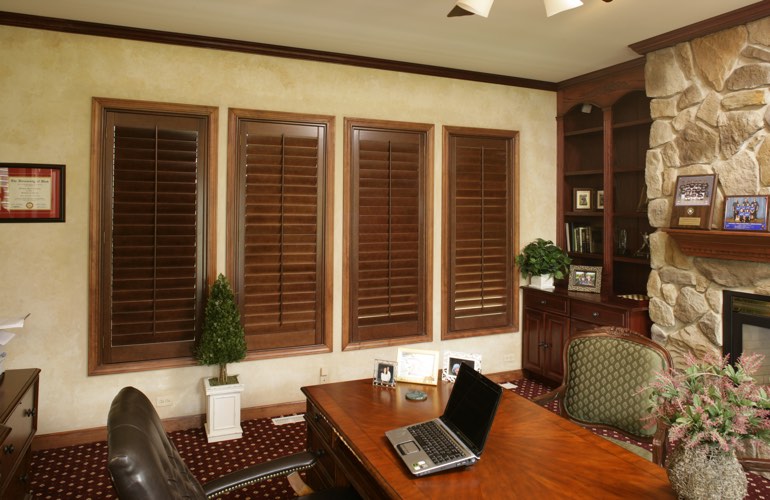 Hardwood plantation shutters in a St. George home office